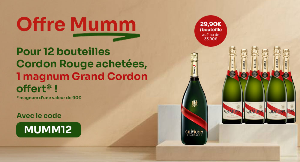 Offre G.H. Mumm :  12 bouteilles de Cordon Rouge achetées = 1 magnum Grand Cordon offert et remise sur le prix unitaire des bouteilles